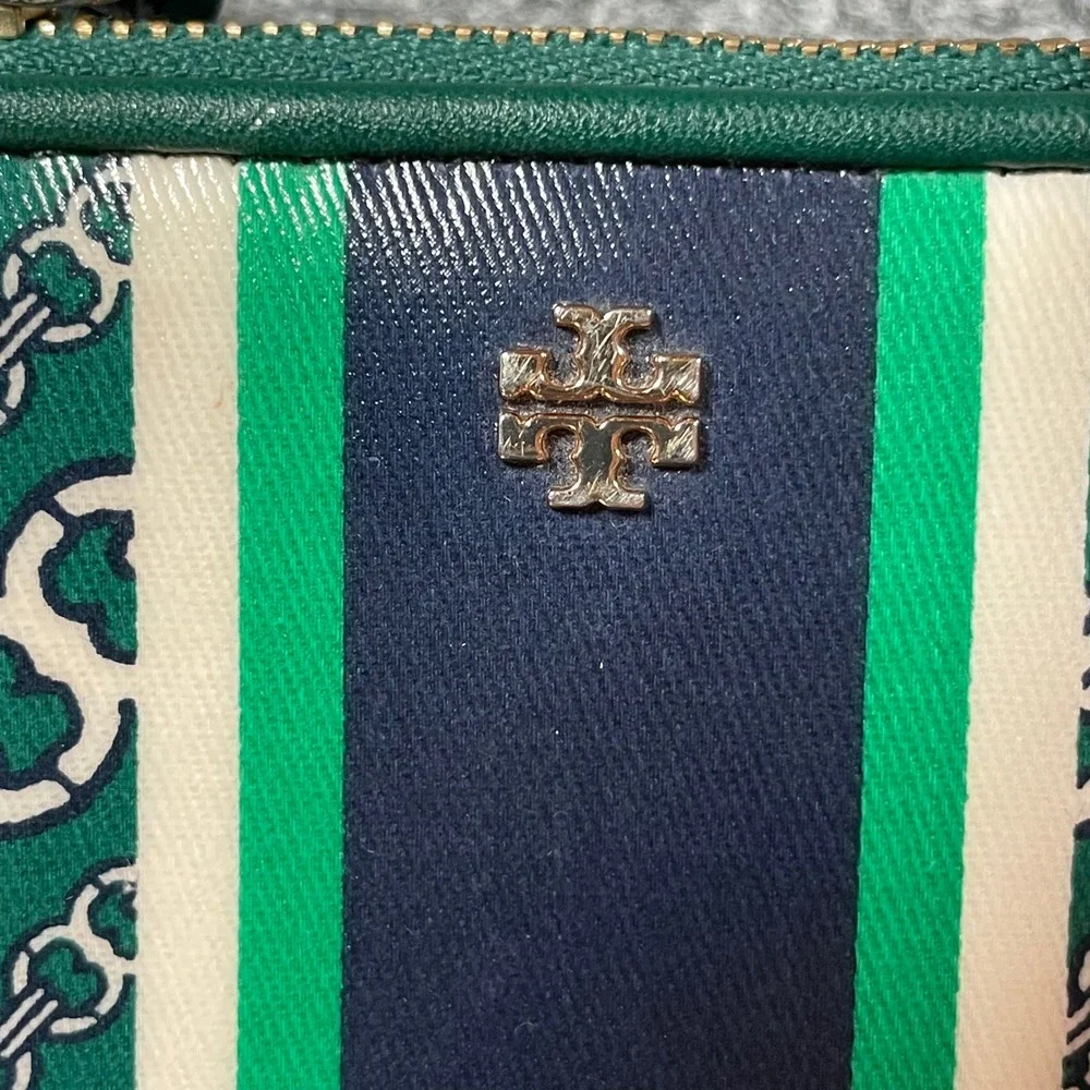 Tory Burch Gemini Link Bifold Wallet Womens Small Green Navy Striped Leather